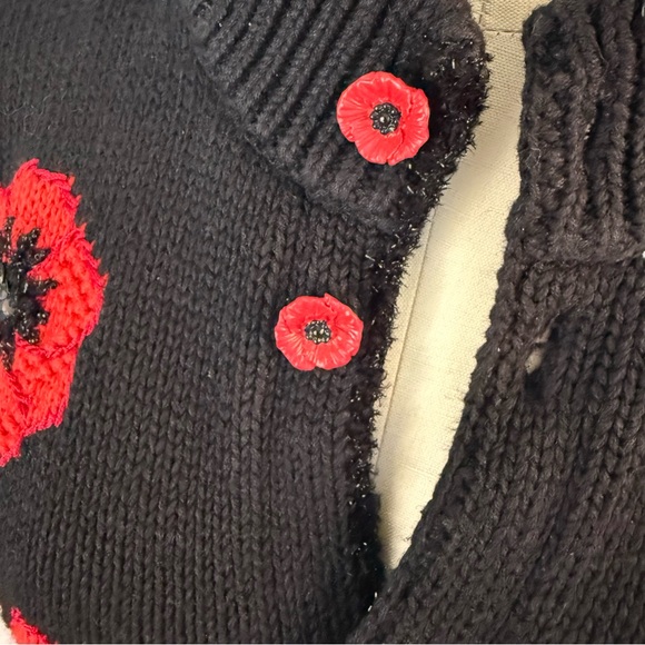 Vintage Argyle story book knits Black Red Floral cardigan with ceramic buttons - Picture 3 of 16